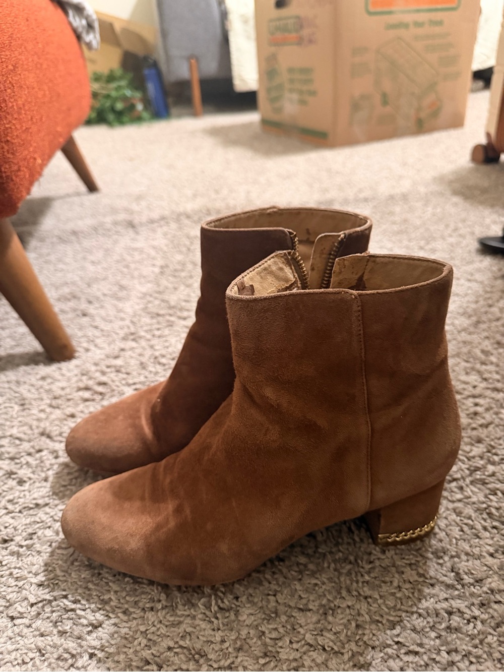 Michael Kors Tan Suede Ankle Booties with Gold Chain Heel